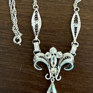 AmLee Signed Sterling Pendant Necklace Floral Filigree Swirl Rhinestones 16.5"